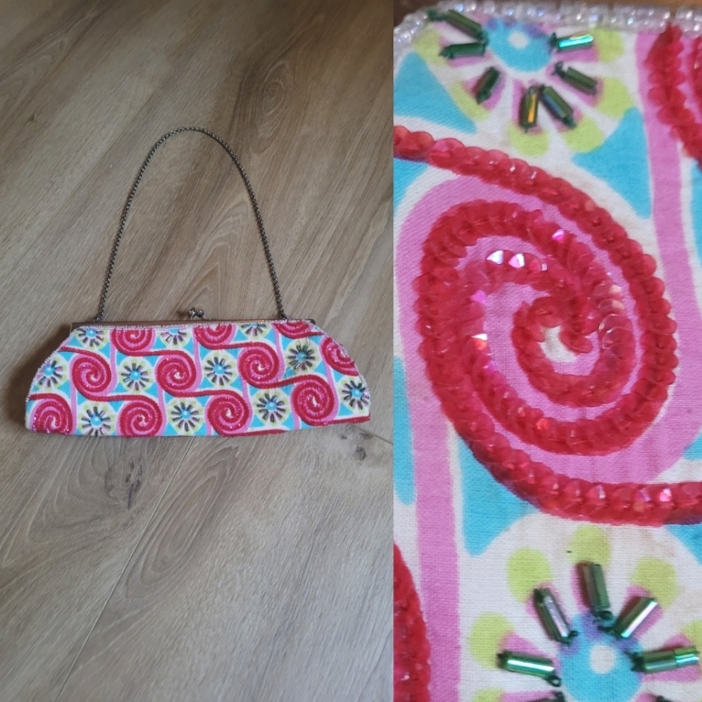 KC Malhan Vintage Beaded Clutch Purse Pink Turquoise Spiral Floral Evening Bag‎